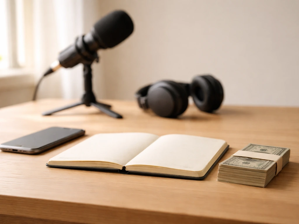 Minimal photo of a notebook, smartphone, and cash-like prop beside music studio gear, symbolizing income streams