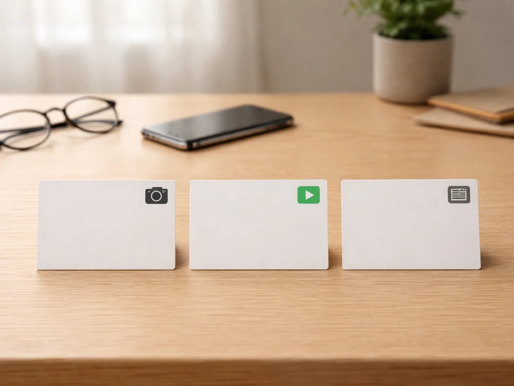 Minimal desk scene with three unlabeled document cards showing verification items for claims.
