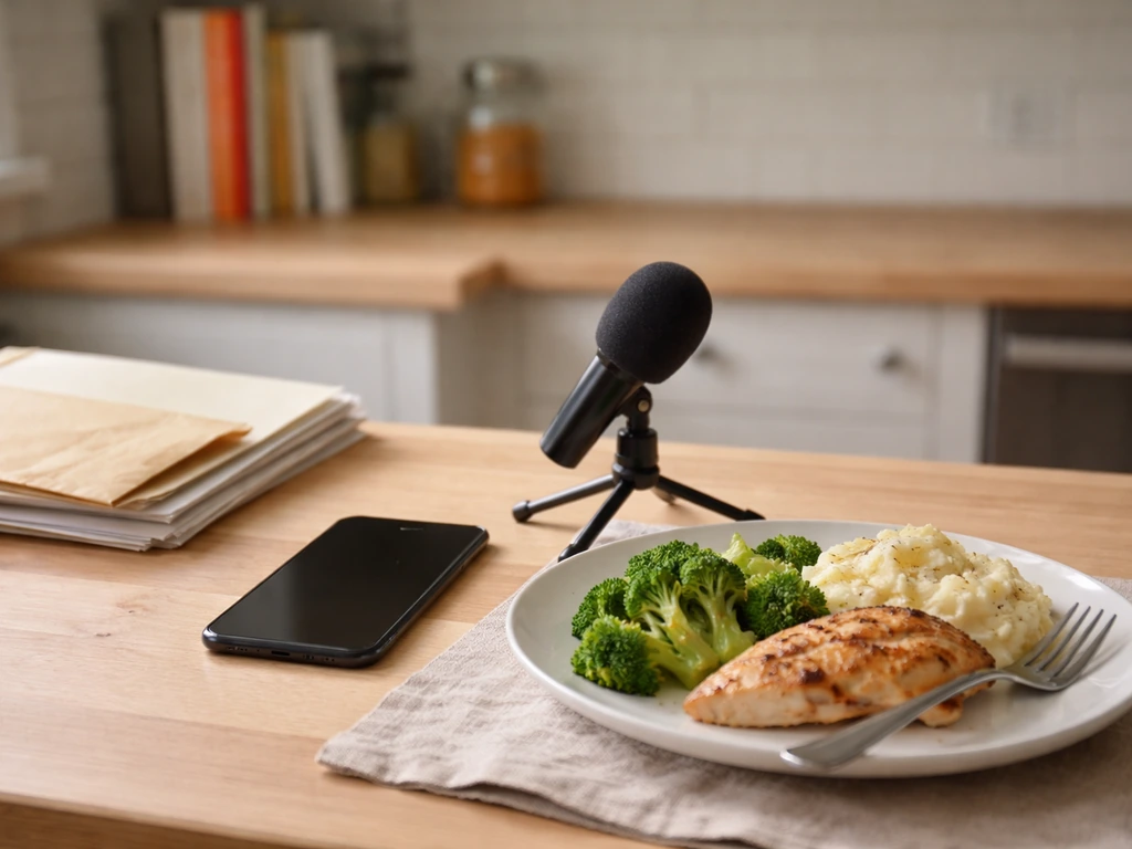 Cozy kitchen creator setup with microphone, smartphone, and blank business documents on a counter.