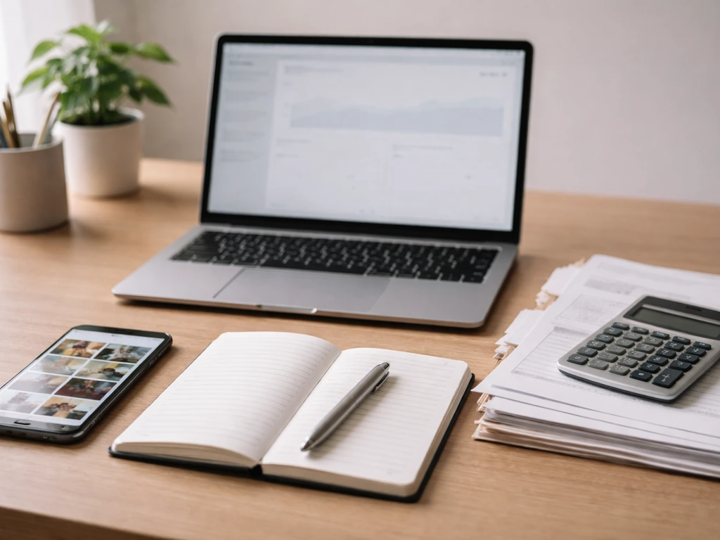 Clean desk with laptop, calculator, blank notebook, and media references suggesting net worth calculation steps.