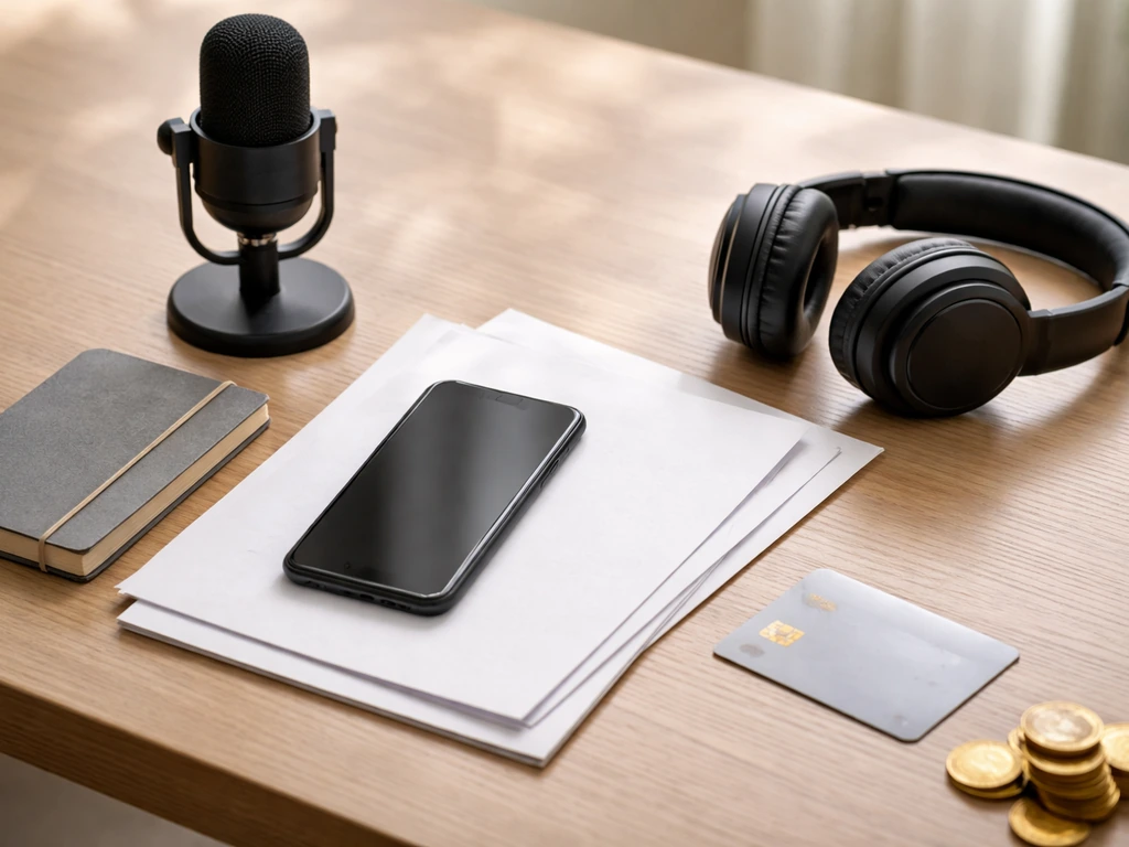Minimal desk setup with smartphone, notebook, and documents suggesting verifying online earnings estimates