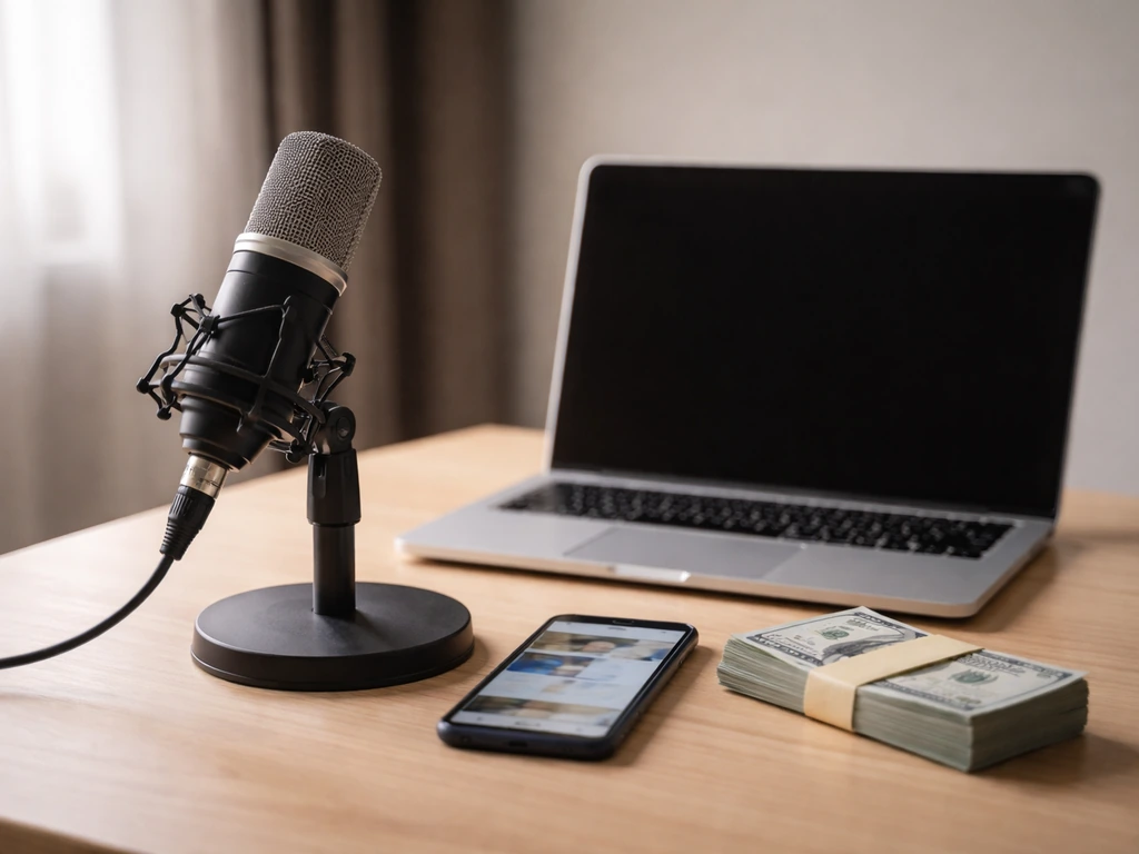 Minimal desk scene with a studio microphone and symbolic cash and media gear for a creator net worth article