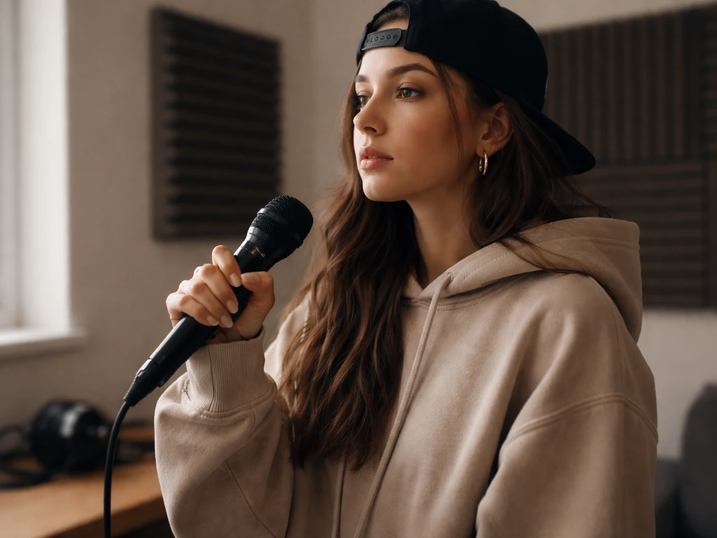Anonymous woman holding a microphone in a simple studio, suggesting a female rapper/content creator.