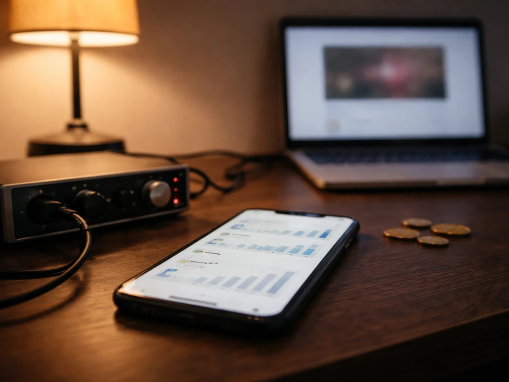 Minimal photo of a studio desk with a smartphone showing blurred YouTube-like analytics icons (no readable text).