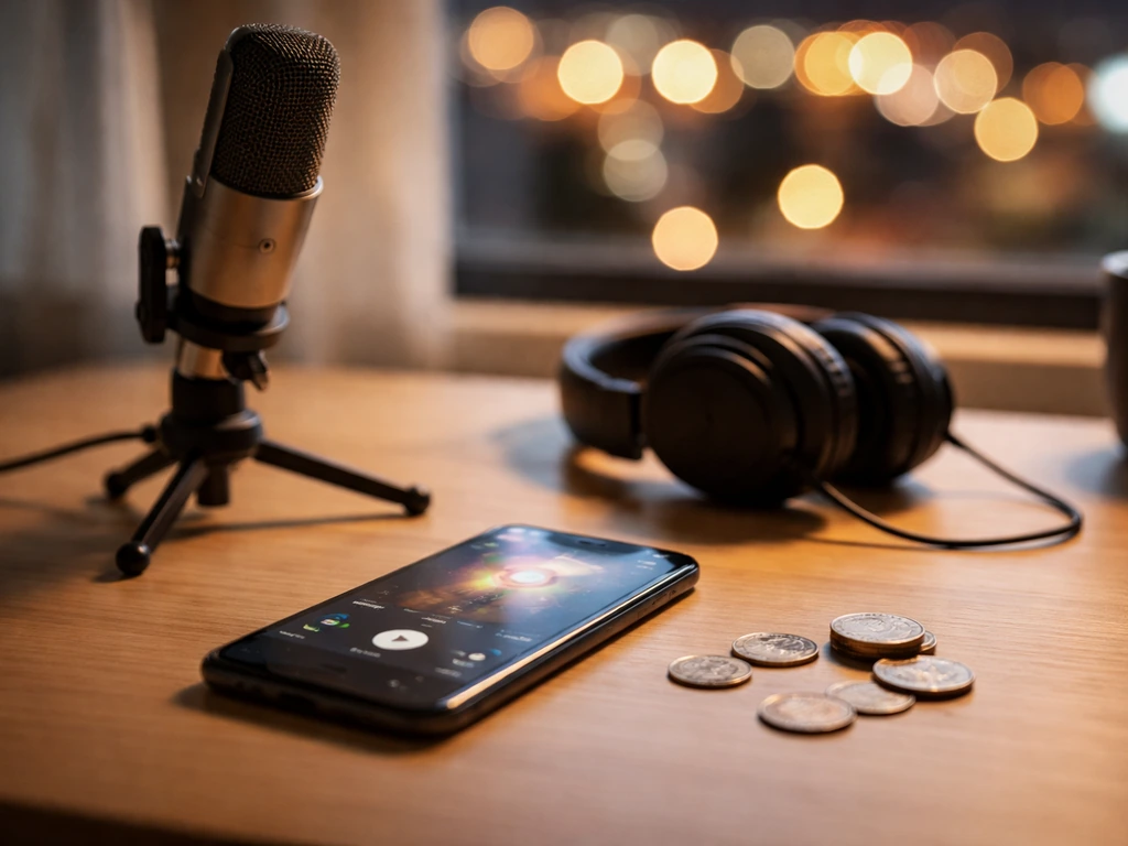 Smartphone on a wood desk with streaming-style icons, studio mic and headphones suggesting music royalties