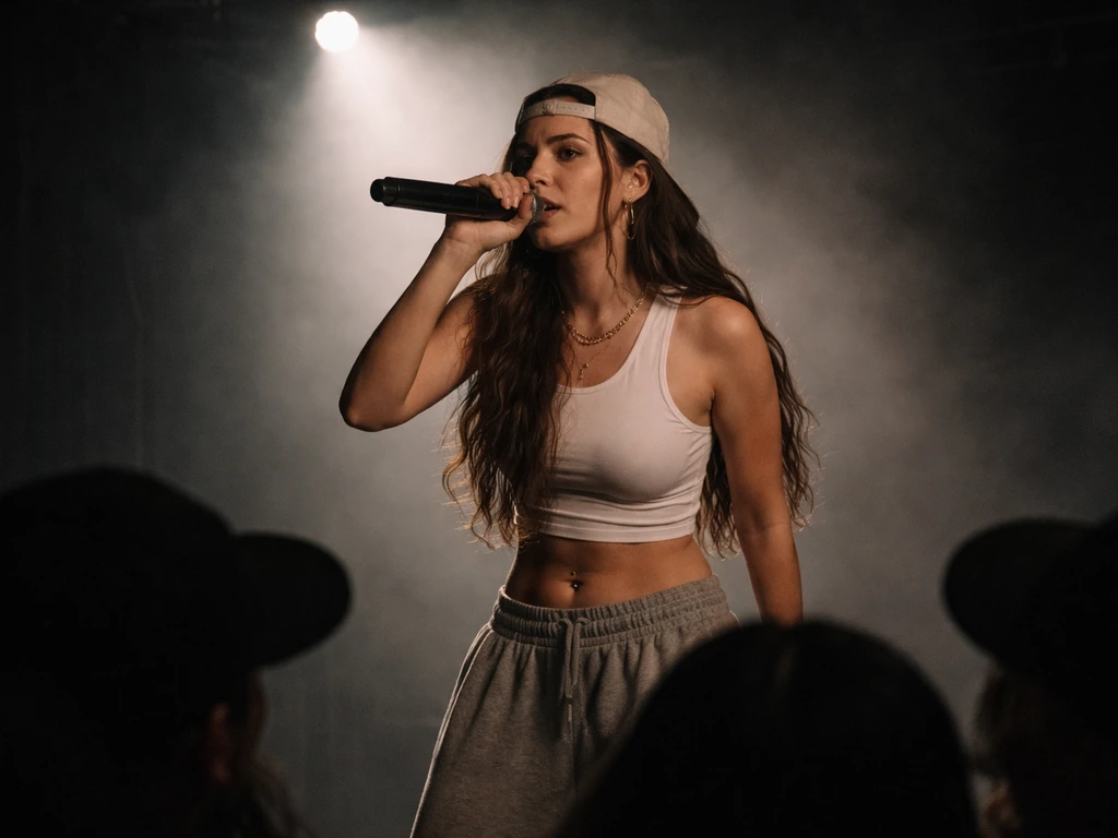 Female rapper performing on a small stage with a microphone and simple spotlight in the background.
