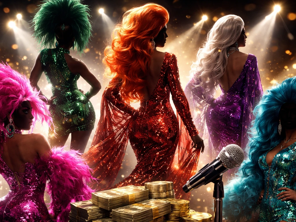 Glam drag fashion collage with sparkling lights and cash-like textures, conveying wealth and media stardom