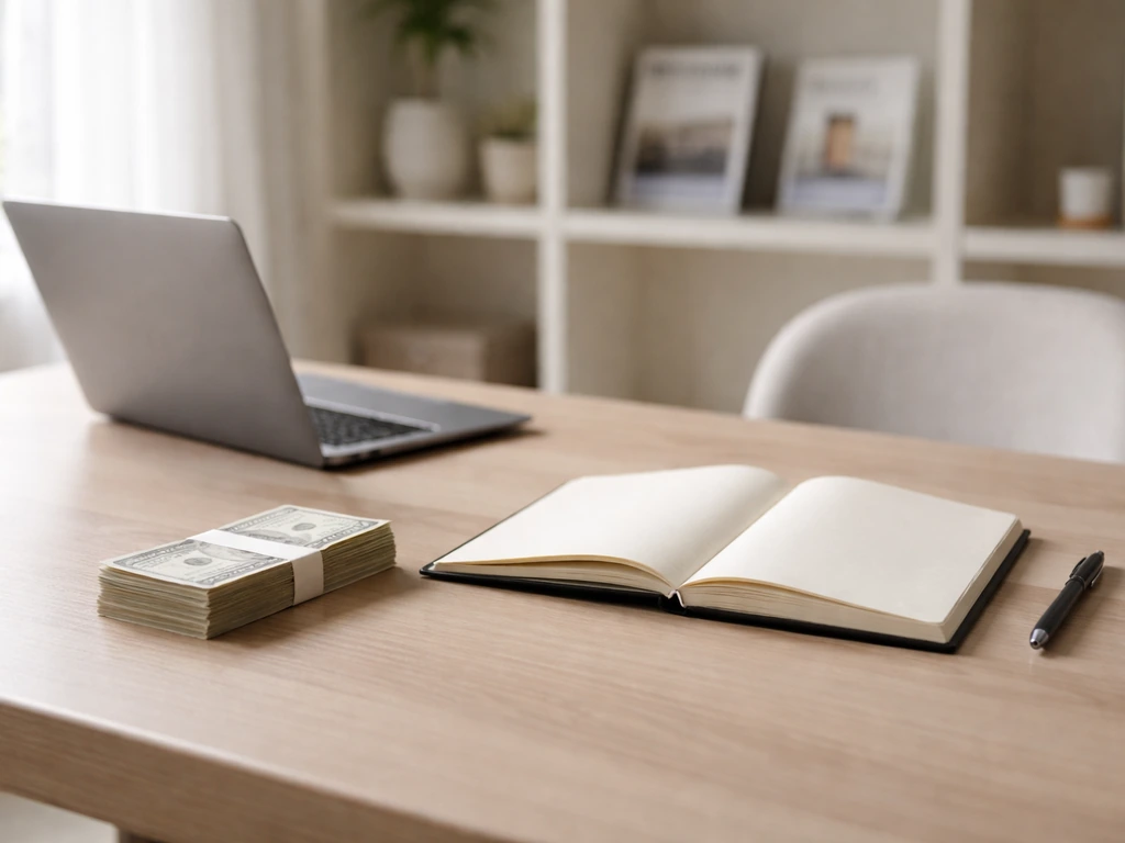 Minimal desk scene with a laptop, money props, and a notepad suggesting a net-worth ranking table layout.