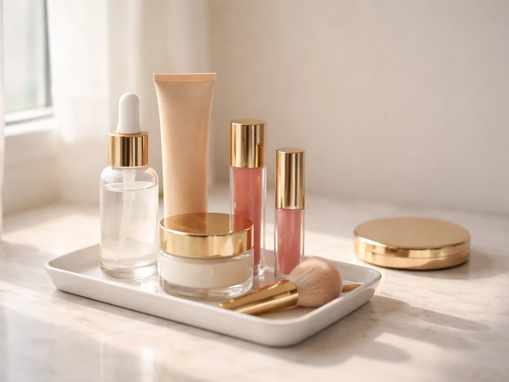 Neatly arranged skincare and makeup products on a clean vanity, suggesting a beauty brand revenue stream.