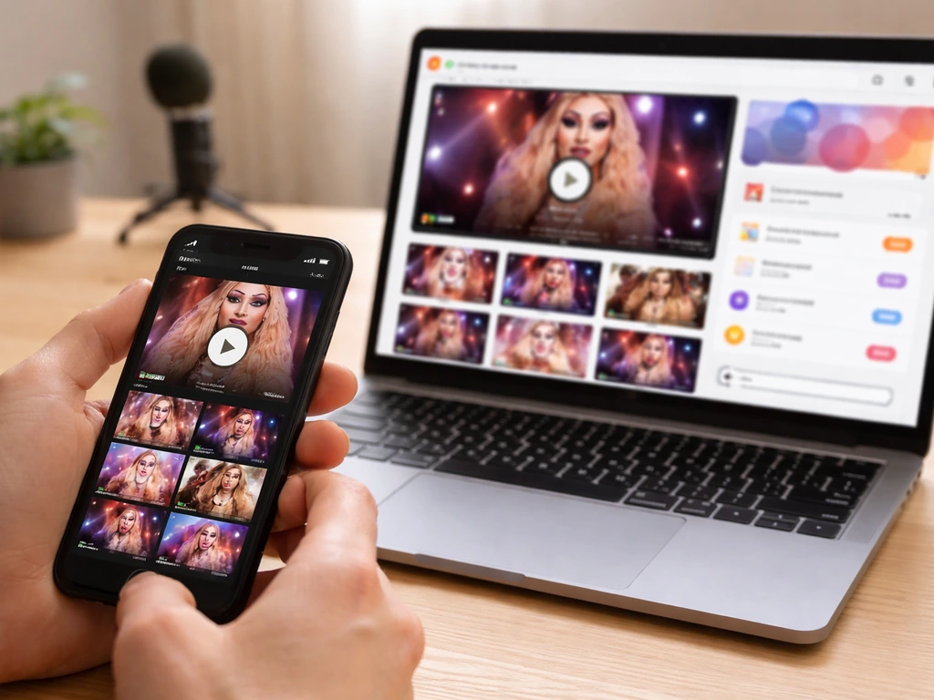 Hands using smartphone and laptop showing generic video and pledge-style interfaces for monetization