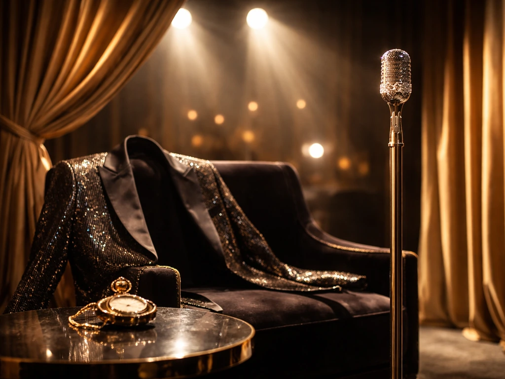Glitzy stage and studio props—black-and-gold chair, crystal microphone, and gold watch—symbolizing wealth