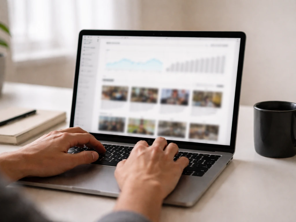 Laptop showing a generic analytics-style dashboard with blurred YouTube-like thumbnails, symbolic of a channel search