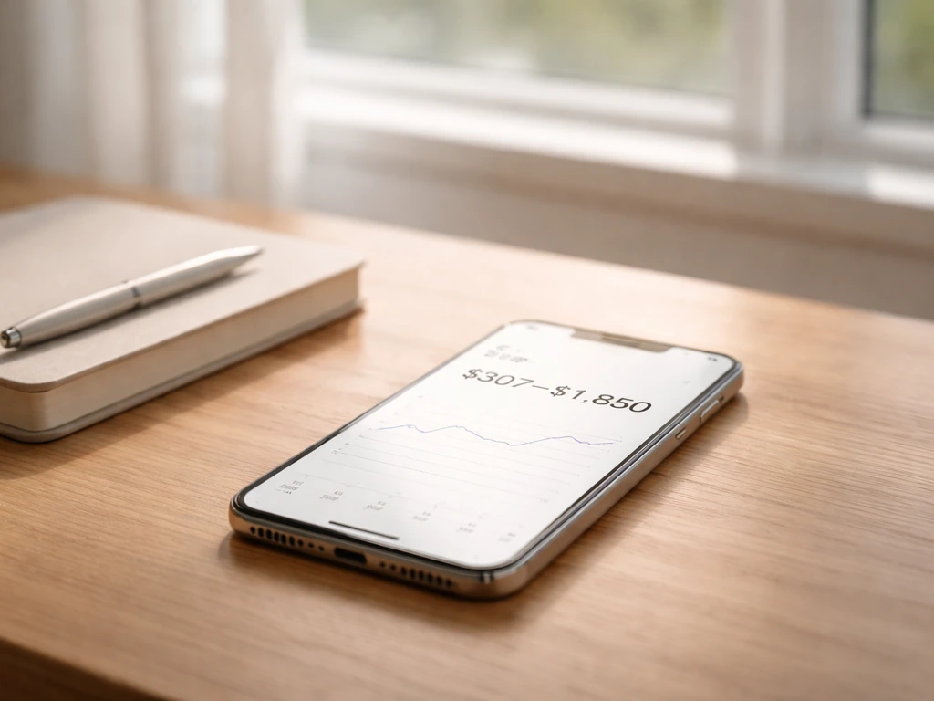 Minimal photo of a desk with a smartphone showing a generic analytics-style money estimate range, no readable text.