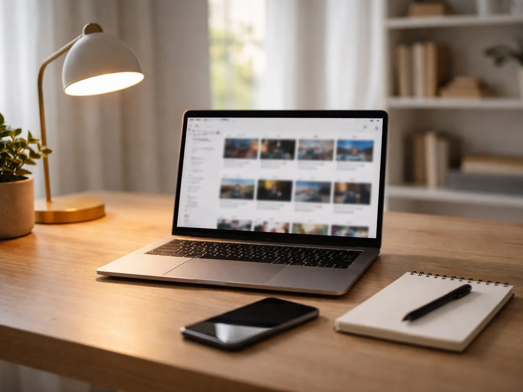 Minimal home-office desk with laptop and phone, symbolizing verifying primary sources for a net worth claim.