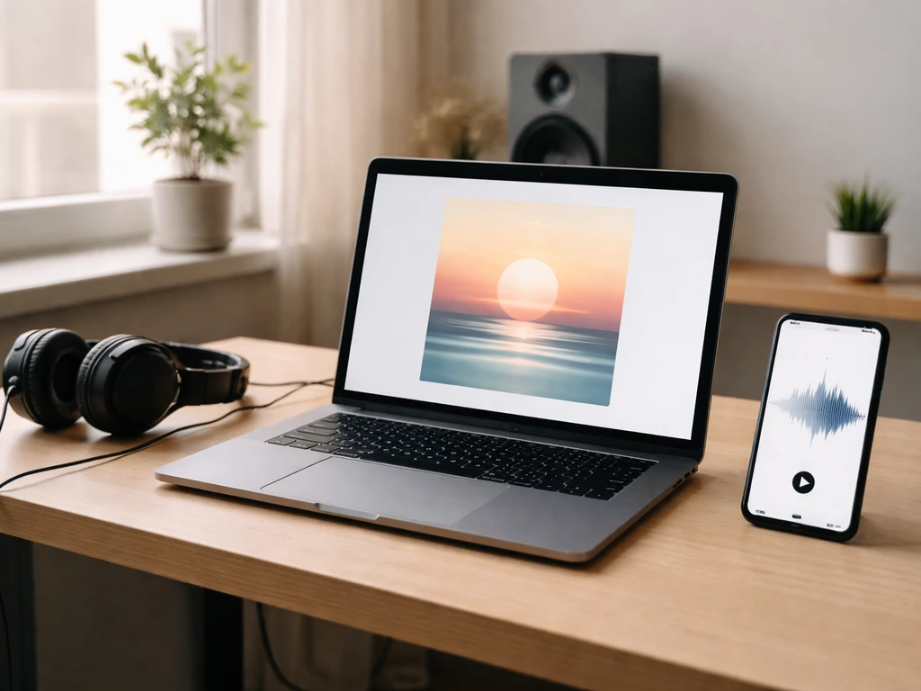Minimal photo of a woman-free setup: music EP artwork on a laptop and streaming on a phone in a home studio