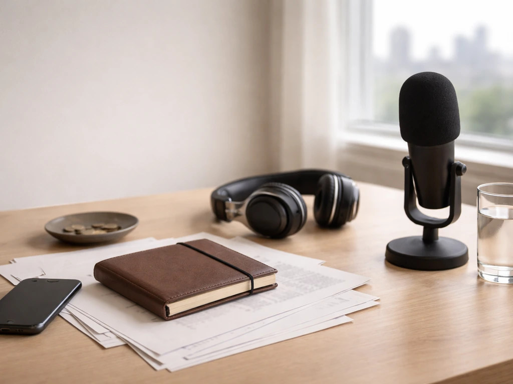 Minimal office desk with microphone, notebook, coins, and blurred papers suggesting net-worth estimate work