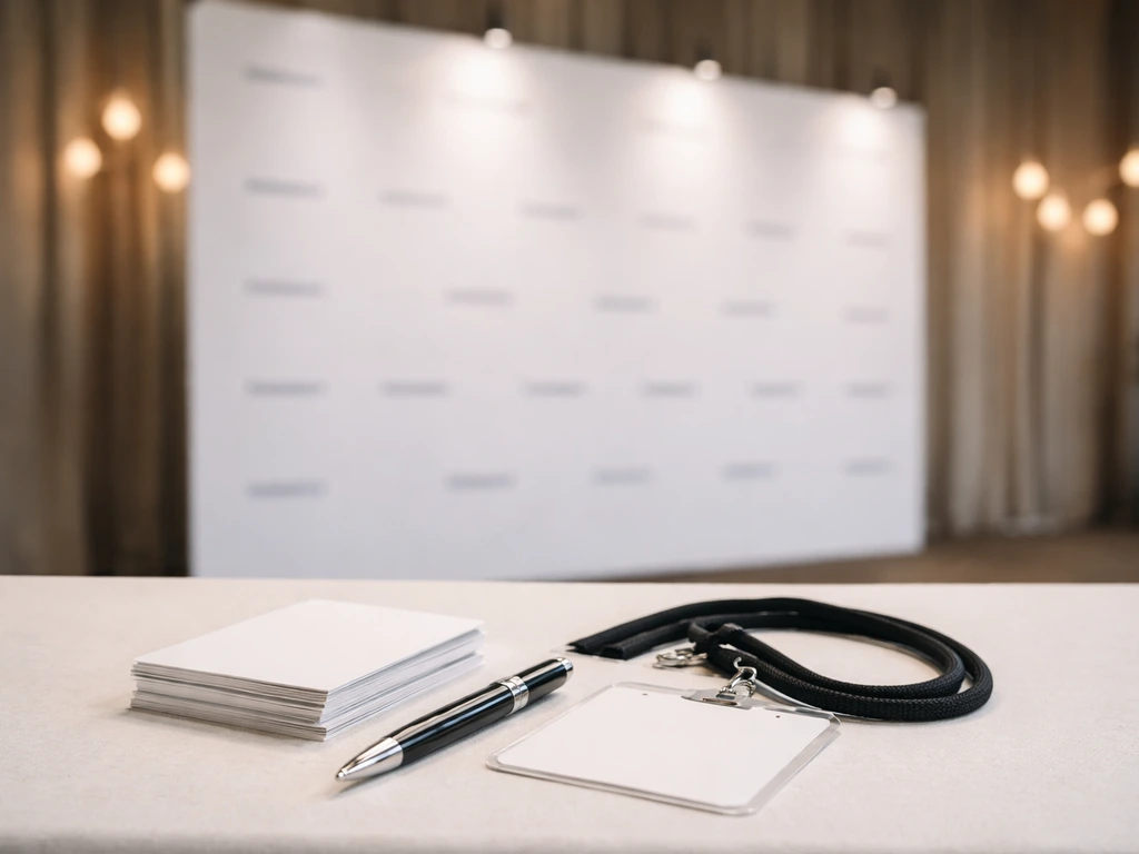 Table with sponsor-style materials and a clean press-wall backdrop in soft event lighting.