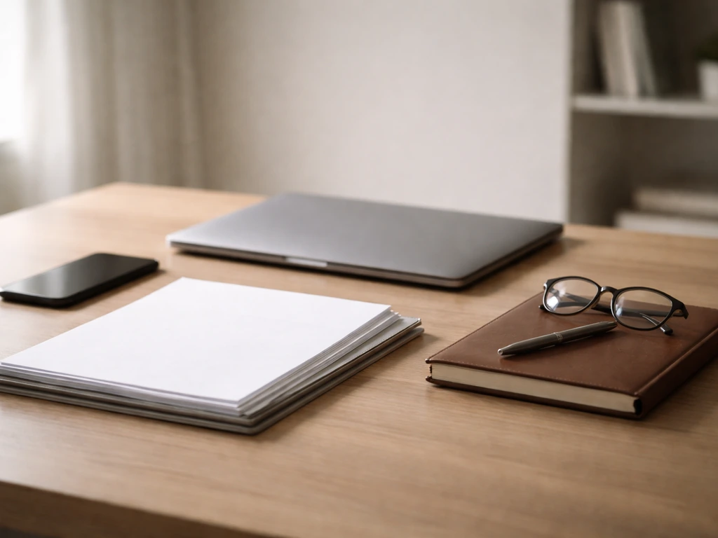 Minimal desk with laptop, smartphone, blank documents, and notebook symbolizing consulting services