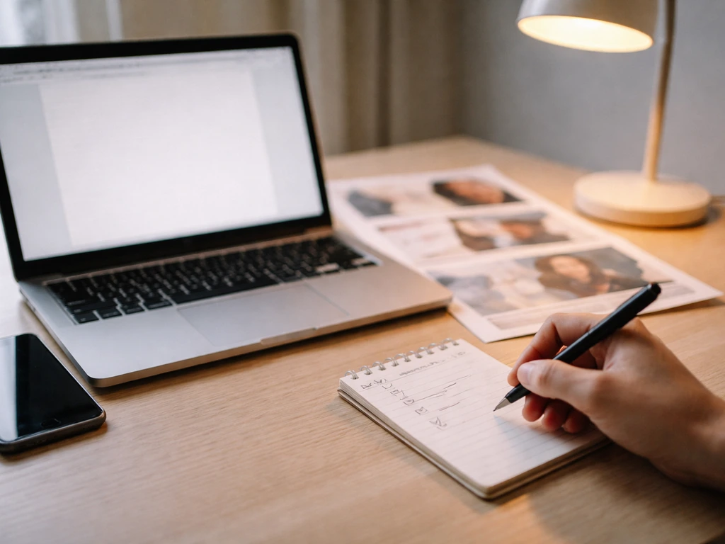 Anonymous desk scene with laptop, smartphone, blurred press pages, and a checklist notepad for verification.