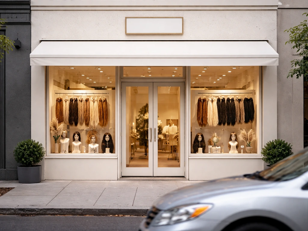 Minimal storefront exterior with a generic entrance sign and hair display in window.