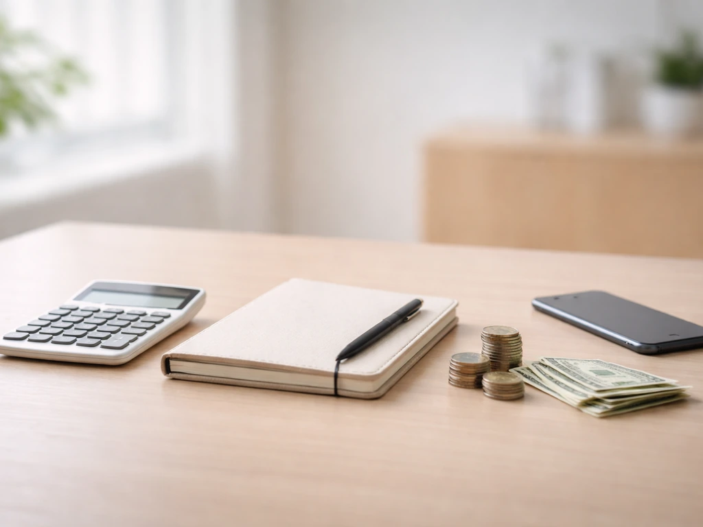 Minimal photo of a desk with a notebook, calculator, and smartphone beside soft cash-like textures representing business