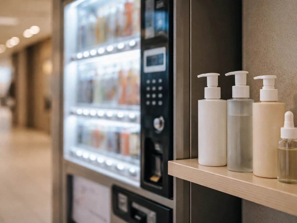 Close-up of a branded product shelf beside a glowing vending machine in a quiet mall corridor.