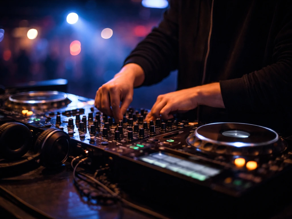Anonymous hands adjust turntables at a club DJ booth with headphones and a glowing, minimal backdrop.