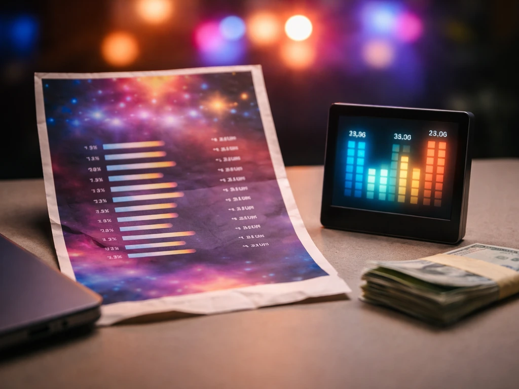 Close-up of a festival poster, cash, and a glowing finance-style display on a desk, no readable text.