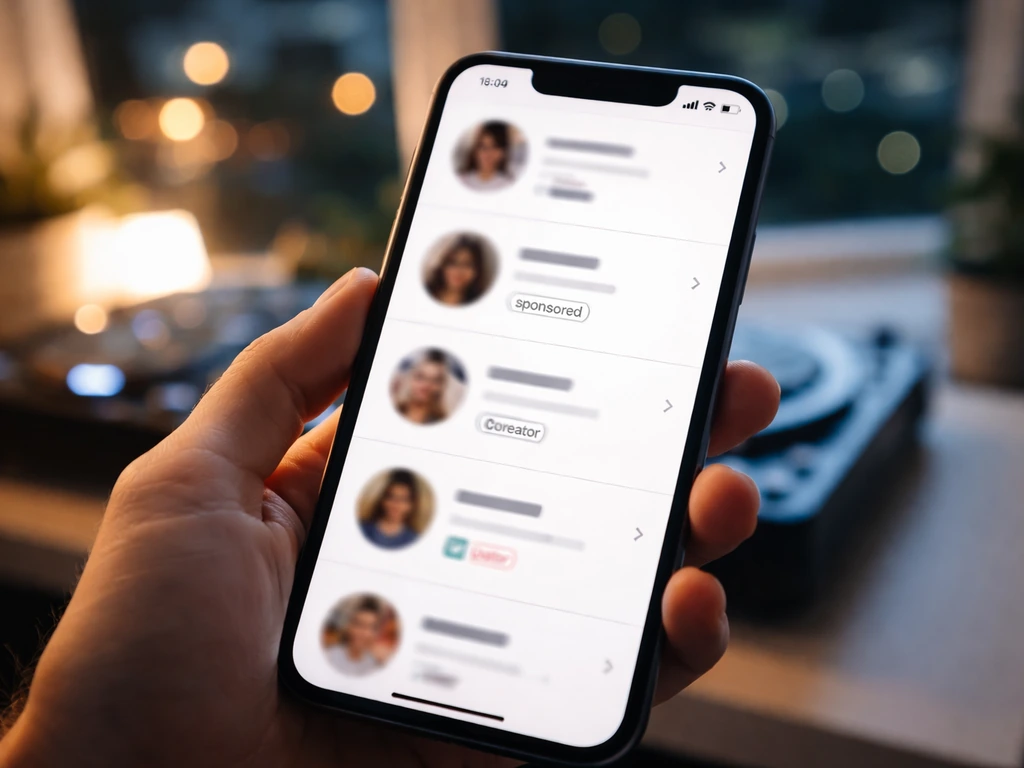 Close-up of a phone showing anonymous social media profile placeholders for monetization cues