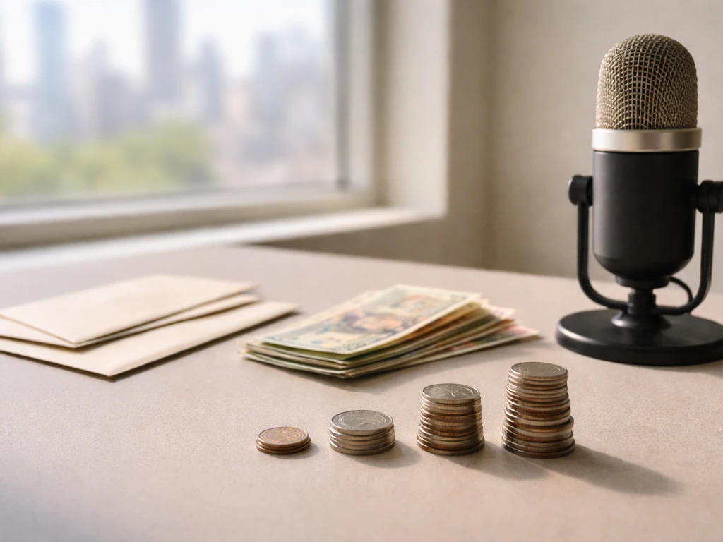Minimal desk scene with envelopes and coin piles of different sizes beside a microphone, symbolizing net-worth ranges.