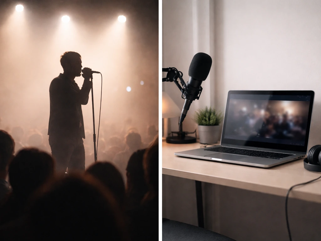 Split image: anonymous concert performance on the left and a streaming video setup on the right.