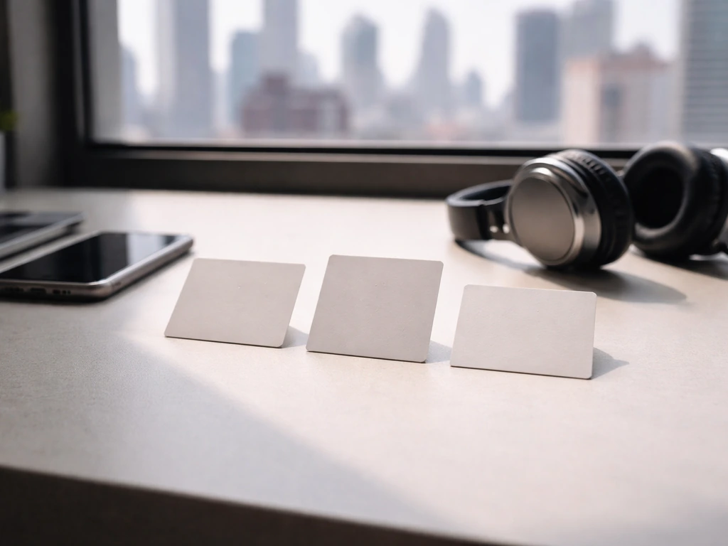 Three blank photo cards on a desk beside a smartphone and headphones, suggesting comparison without text.
