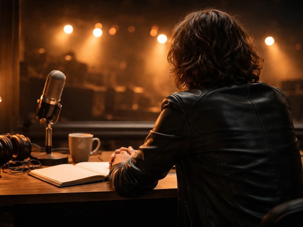Anonymous music-industry manager at a studio desk with a vintage microphone and Queen-like stage lights