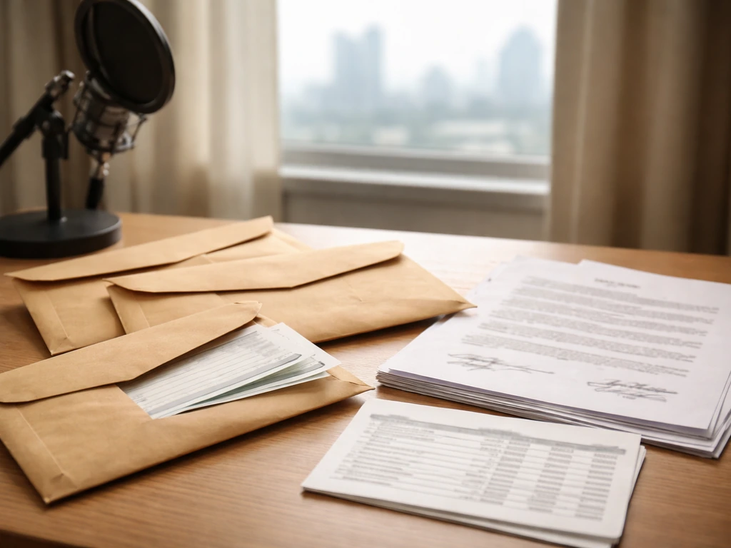 Minimal desk scene with music industry fee envelopes, royalty statements, and a contract page for money sources.