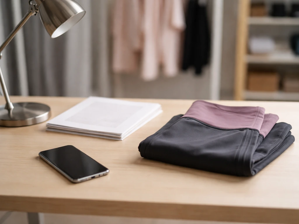 Minimal office desk with a smartphone and neatly stacked sports apparel catalog materials, symbolic of a founder story