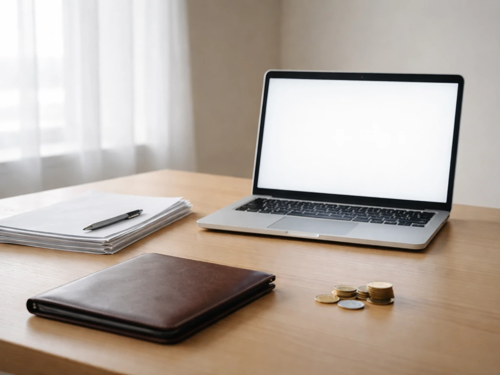 Minimal office scene symbolizing clean business ownership and equity, with a laptop and focused lighting.