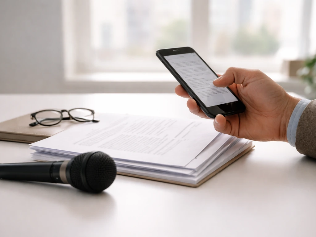 Anonymous hands reviewing printed business articles on a desk with a microphone and smartphone in daylight.