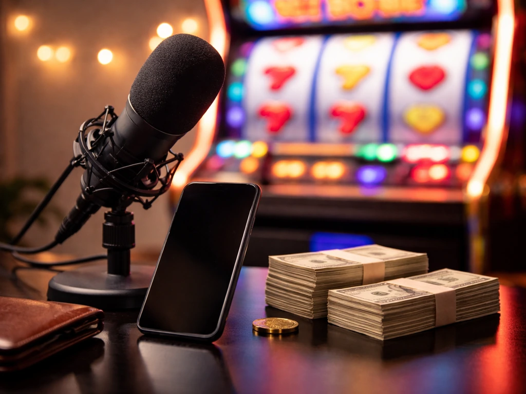 Minimal home studio desk with microphone, slot-machine glow, cash and wallet symbolizing slot creator wealth