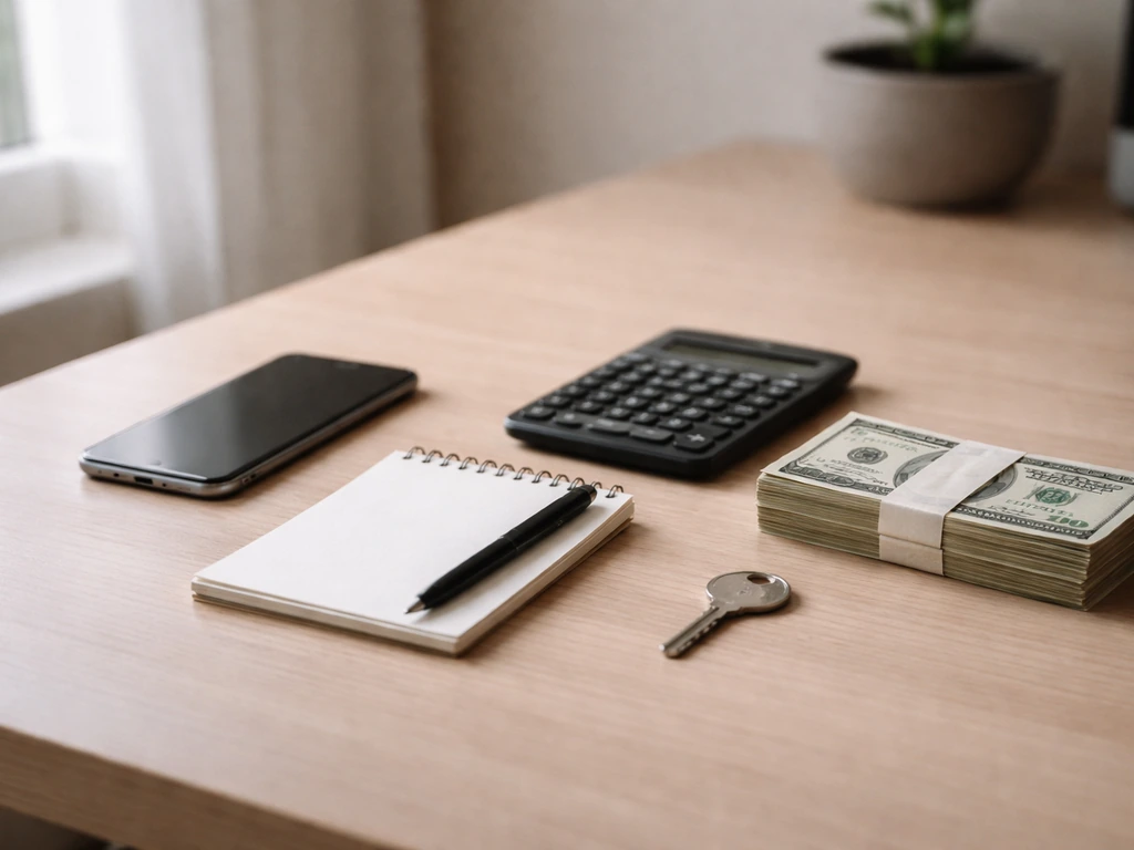 Minimal desk scene with a calculator, cash, and smartphone showing general money-management vibe