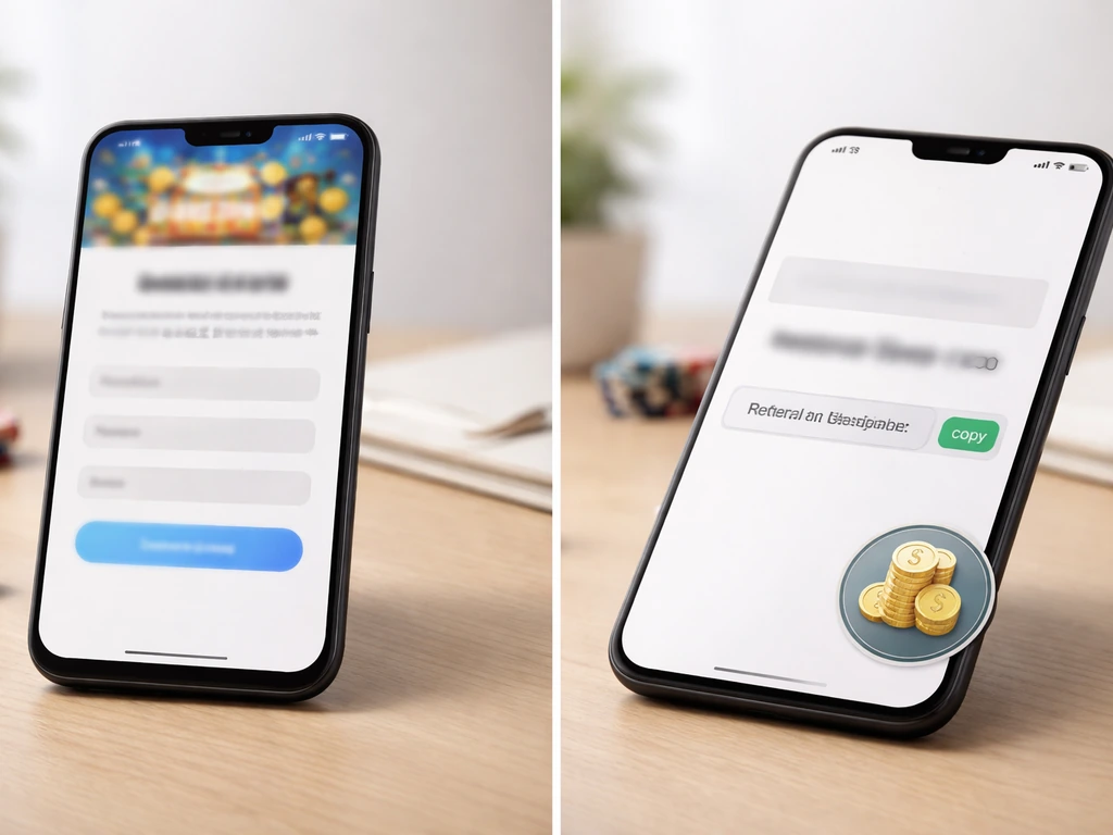 Minimal split-screen showing an anonymous sweepstakes offer page mockup, link, and a small earnings badge icon
