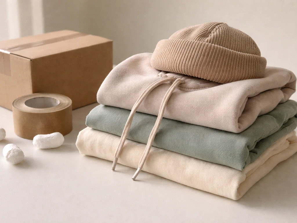Minimal merchandise setup with apparel stack and sealed shipping box with packing tape on a table.