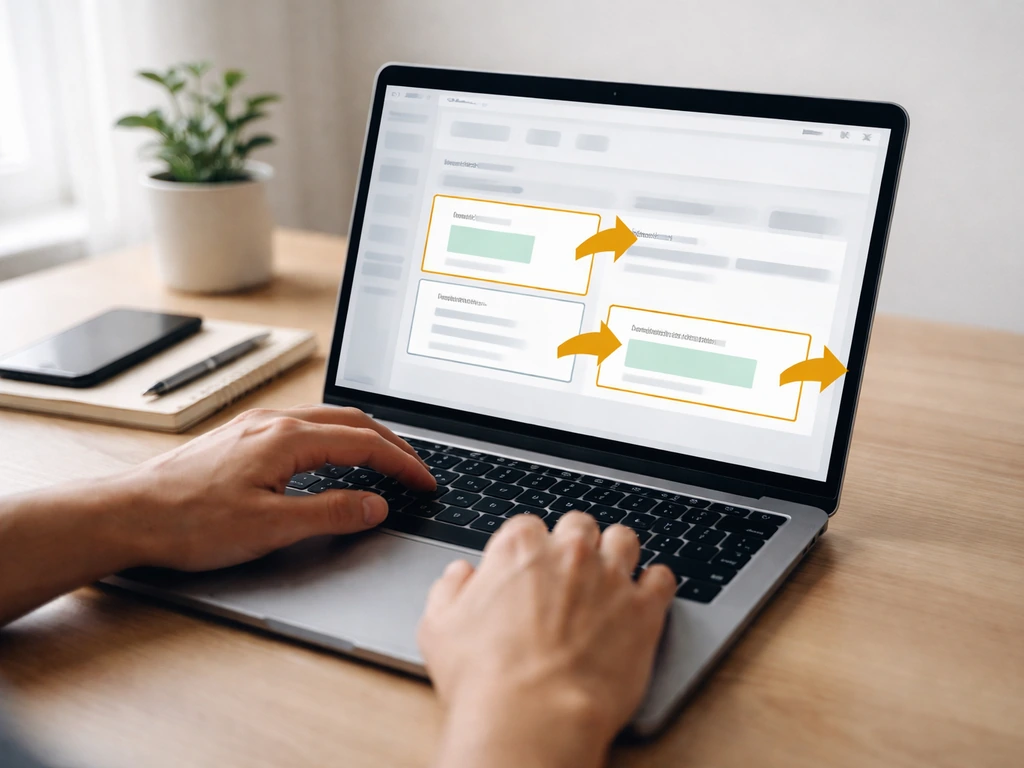 Hands reviewing an anonymous analytics panel on a laptop in a minimal office, with callouts indicating checks.