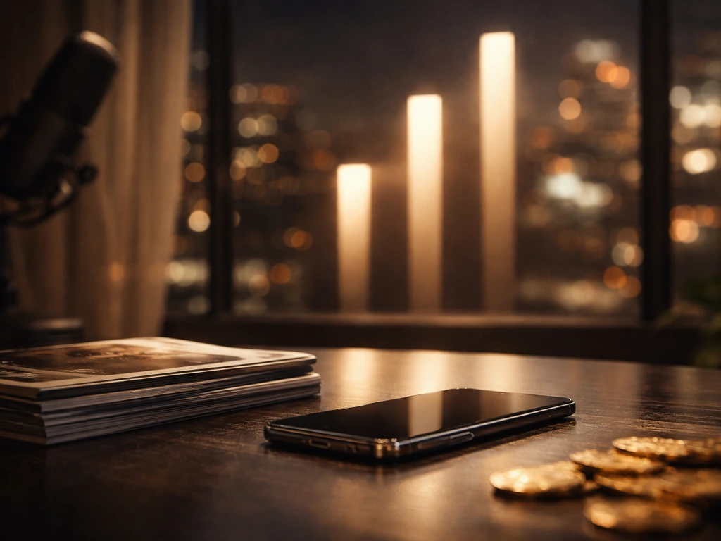 Glamorous studio and city backdrop with subtle gold wealth motifs and abstract ranked-list feel