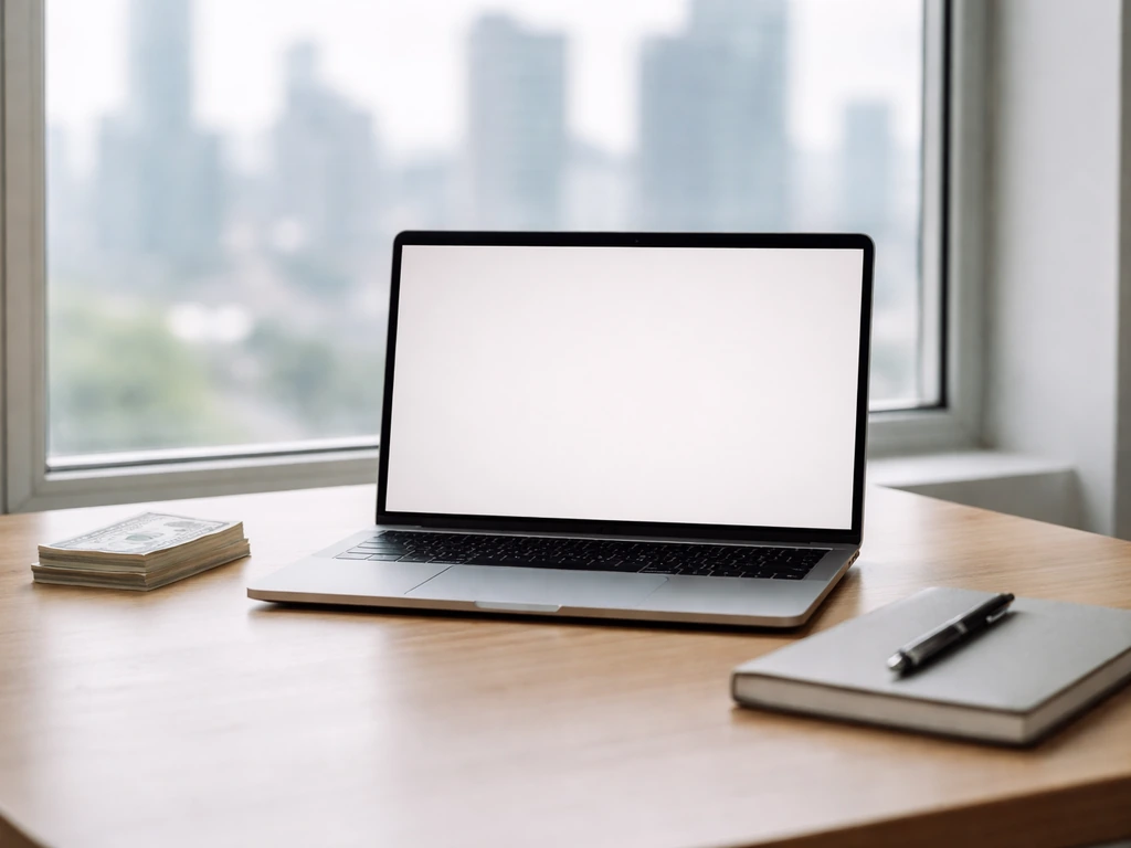 Minimal workspace with a laptop and scattered currency-themed props, suggesting a ranked media-and-money overview