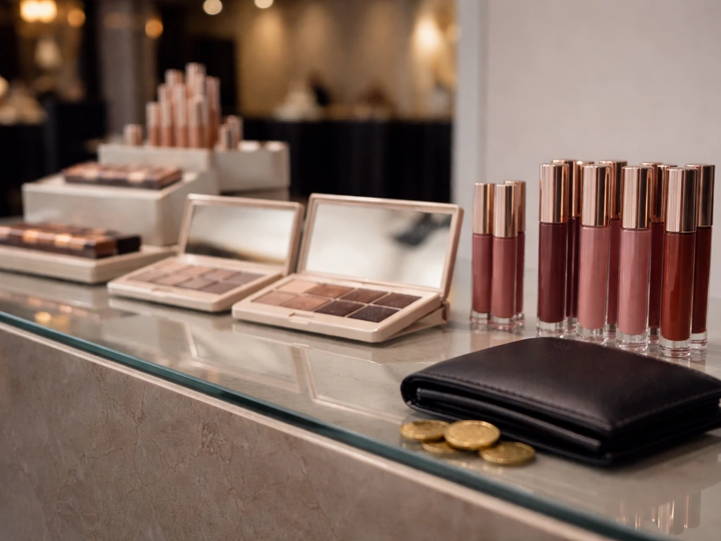 Cosmetics products on a showroom counter with a wallet and gold coins, upscale event atmosphere.