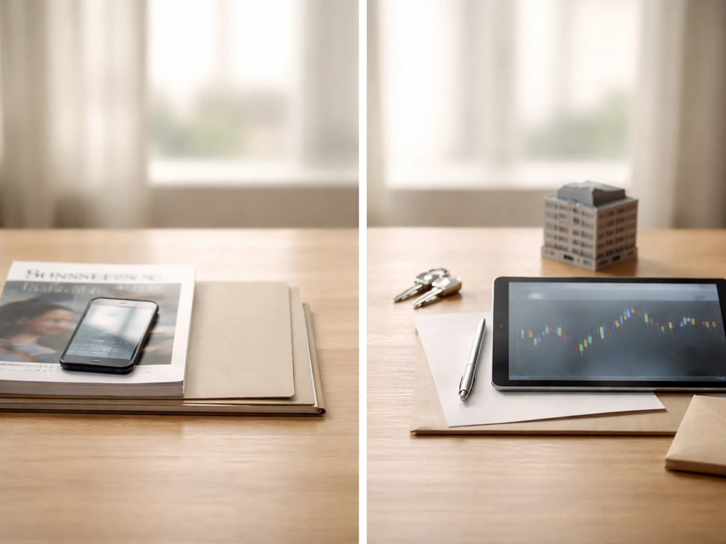 Minimal desk scene split into two sides with blurred finance devices and documents symbolizing net-worth sources