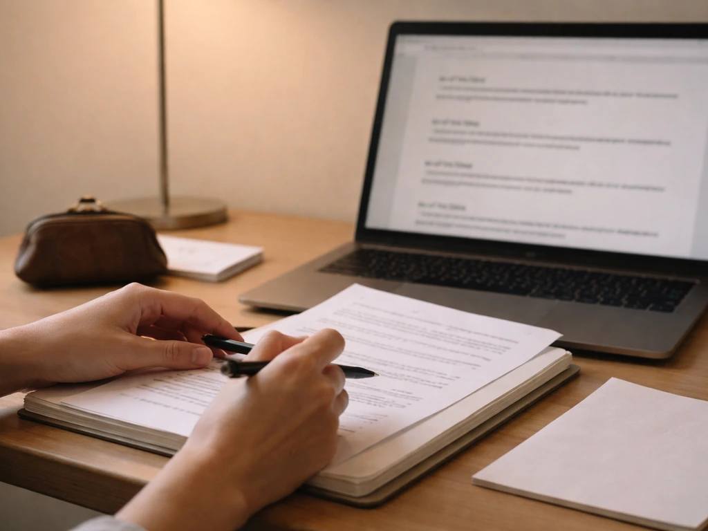 Person reviewing a laptop desk with papers and a finance notebook, suggesting net worth research.