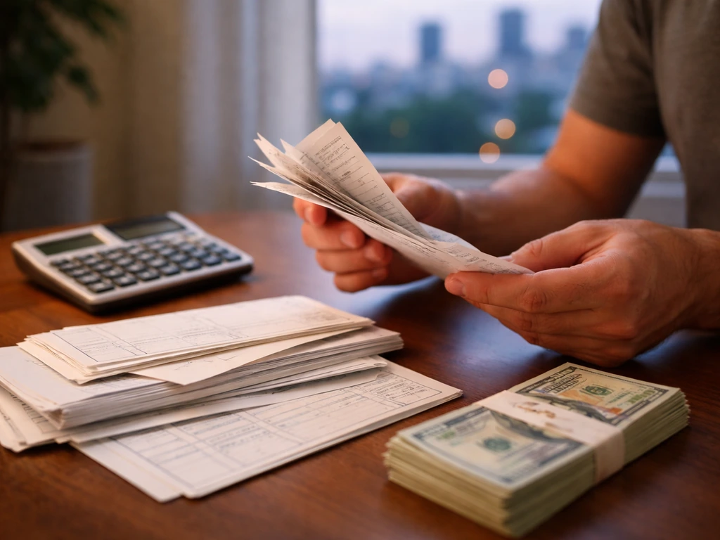 Person in a home office sorts envelopes and receipts beside a calculator and a blurred city skyline at dusk.