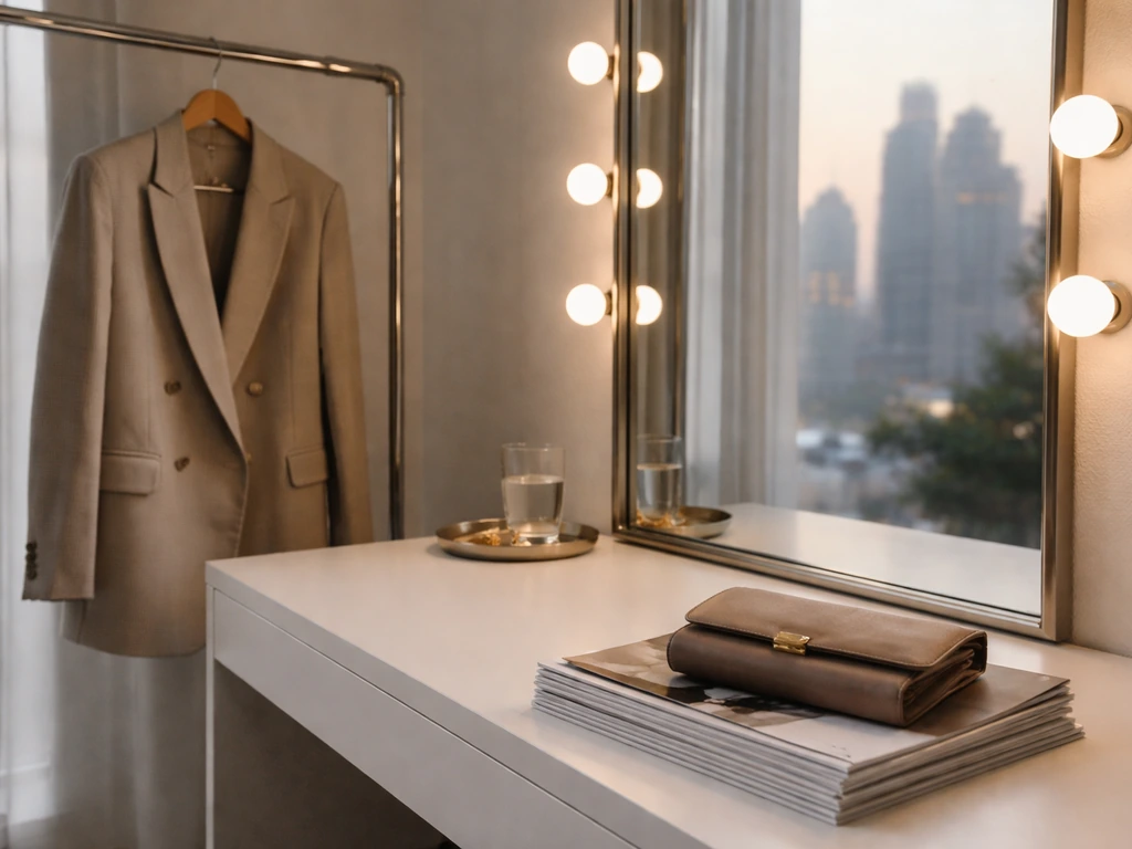 Minimal fashion studio scene with luxury blazer, vanity lamp, mirror, and city skyline view.
