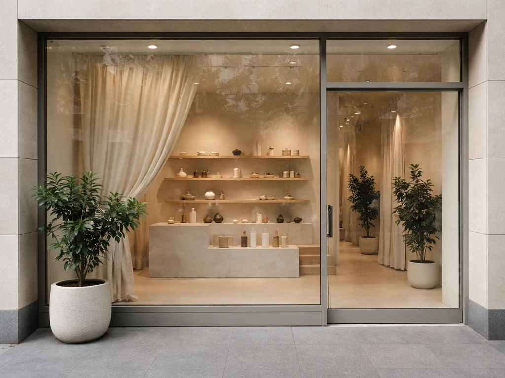 Minimal S'ABLE Labs storefront with natural-toned beauty display and a potted plant by the entrance.